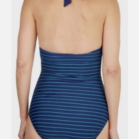 Penbrooke Women’s One Piece Halter Surplice Navy & Teal Striped Swimsuit Size M - Picture 2 of 14